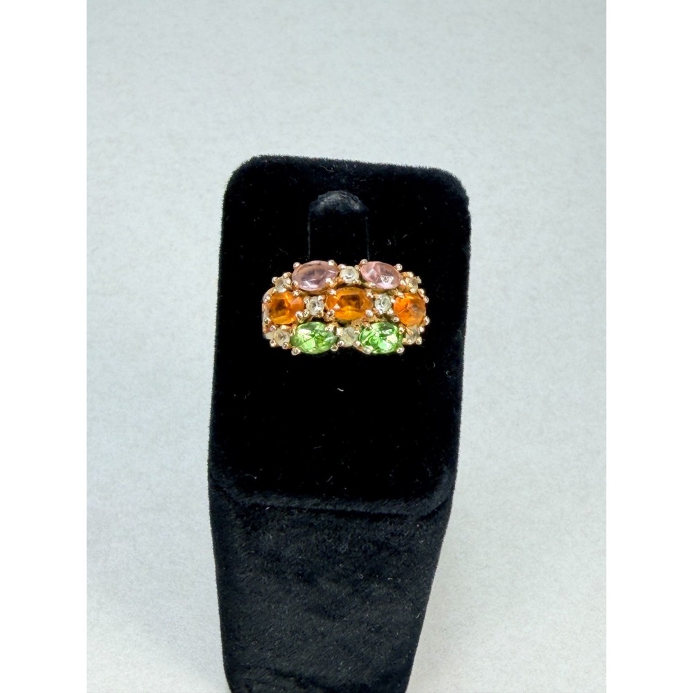 Vintage Multi Color Rhinestone Cocktail Ring Gold Tone Pink Green Amber Size 6